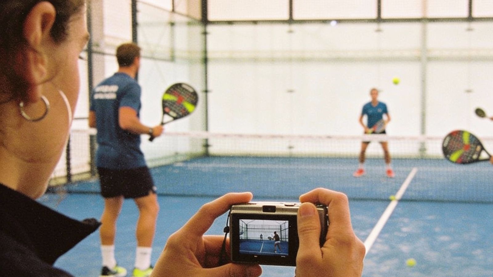 Person photographing padel players in action.