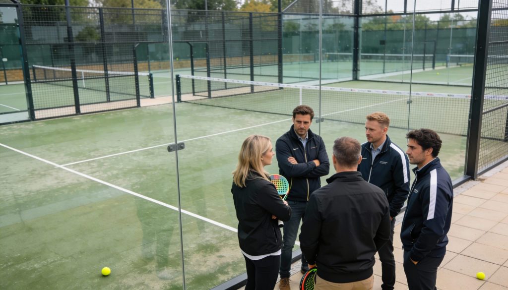 Group discussing on padel court.